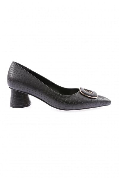 DGN Women's Metal Accessory Pointed Toe Thick Short Heeled Shoes Black Crocodile Matte 54312821