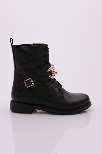 DGN Women's Lace-Up Crystal Stone Buckle Boots Black 18333325