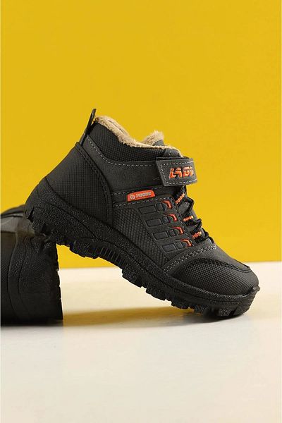 Mind Black Gray Water and Cold Resistant Boys' Boots with Fur Inside