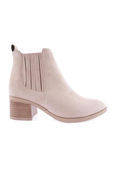 DGN Beige Suede Women's Striped Short Heel Boots