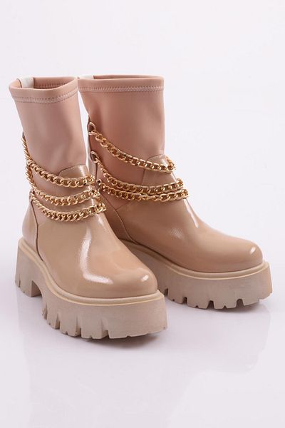 DGN Es806 Women's Boots - Thick Chain, Accessories, Nude Wrinkled Patent Leather