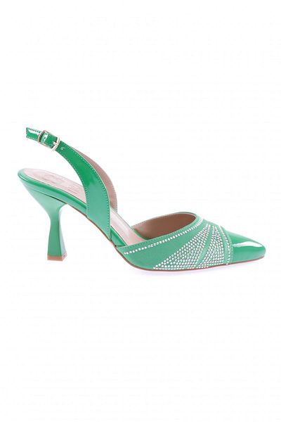 DGN Piele lacuita verde - Pantofi cu toc de dama cu varf ascutit de piatra argintie 123286