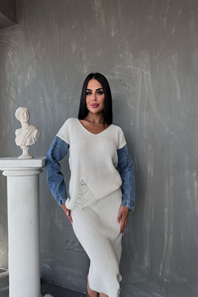 KAMACI BUTİK V-Neck Sleeve Detailed Ribbed Double Knitwear Suit (Standard Siz...