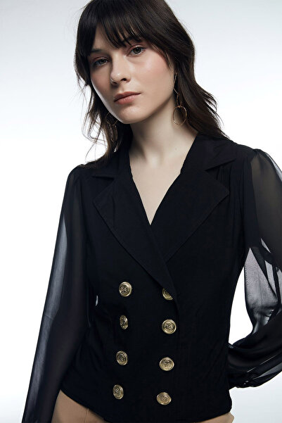 CoolLook Uzun Şifon Balon Kol Dekolteli Ceket Yaka Gold Düğme Detaylı Likralı...