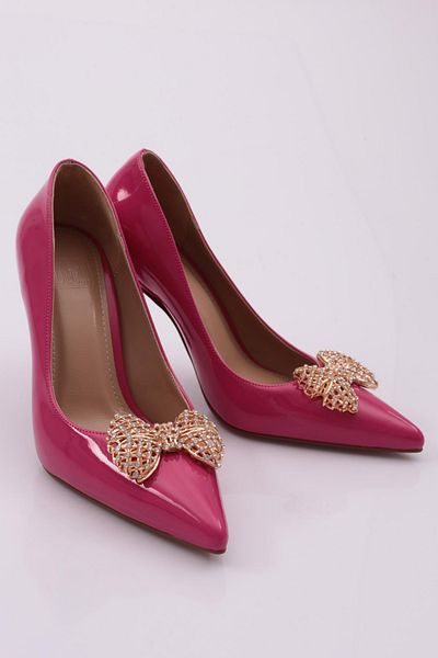 DGN Pantofi cu toc cu cataramă metalică cu vârf ascuțit pentru femei, piele lacuită fucsia 561121085