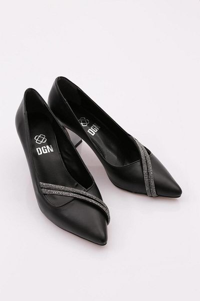 DGN Pantofi de damă cu vârf ascuțit argintiu cu toc gros, negri 43122534