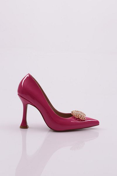 DGN Pantofi cu toc cu cataramă metalică cu vârf ascuțit pentru femei, piele lacuită fucsia 561121085