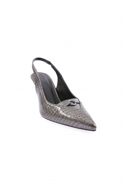 DGN Pantofi cu toc pentru femei cu vârf ascuțit, cu detalii transparente, din piele de crocodil platină 143286
