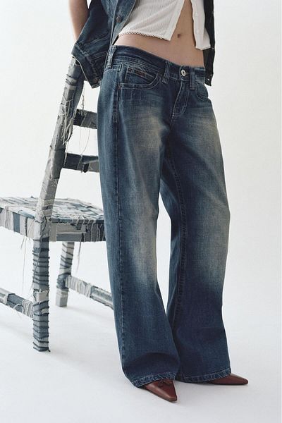 september island Washed Navy Blue Low Waist Washed Jeans Trousers