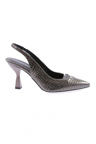 DGN Pantofi cu toc pentru femei cu vârf ascuțit, cu detalii transparente, din piele de crocodil platină 143286