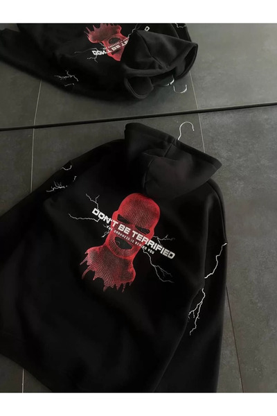 LUMİART Women's Three Thread K Hooded B Printed O Oversized Sweatshirt- Black