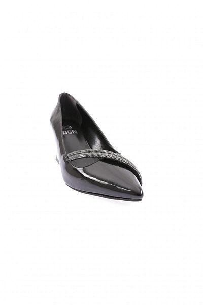 DGN Silver Stone Pointed Toe Thick Heeled Black Patent Leather - 43122534