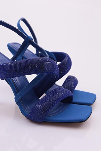 DGN Women's Thick Rowed and Cross-Strapped Silver Stone Heeled Shoes Sax Satin 314333210