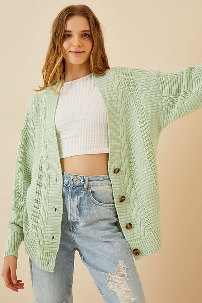 Lovelyİstanbul Water Green Loose Knitwear Cardigan - Balloon Sleeve, Braided Lza0011