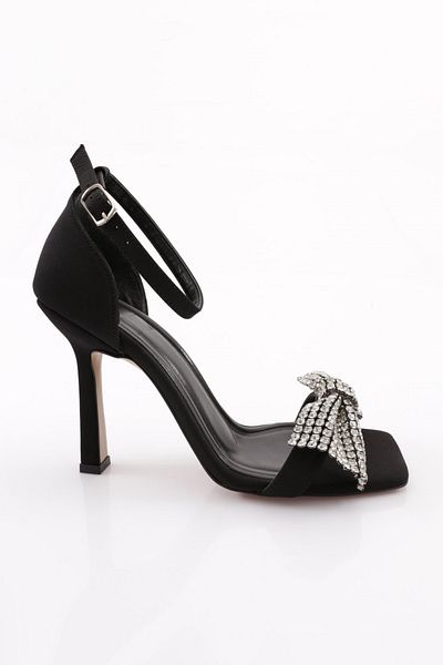 DGN Sandale de damă cu fundă argintie din satin negru 3131033210