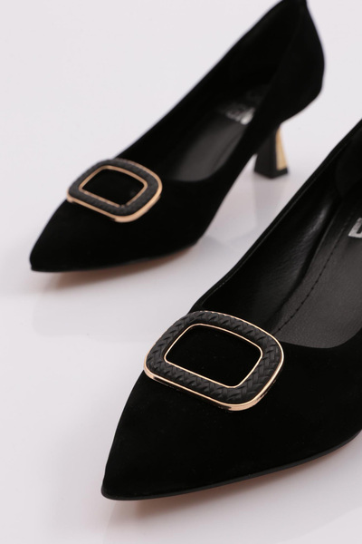 DGN Kadın Yuvarlak Tokalı Topuklu Ayakkabı Siyah Süet 6452621