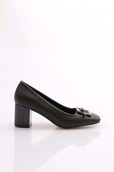 DGN Pantofi cu toc cu frânghie argintie cu cataramă pătrată de damă, negri 212222621