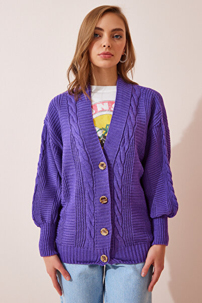 Lovelyİstanbul Voľný pletený kardigán s balónovým rukávom - fialový Lza0011