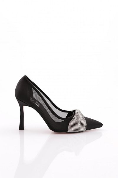 DGN Pantofi cu toc din plasă laterală pentru femei, cu vârf ascuțit, decoltat, cu oglindă, satin negru 8812535