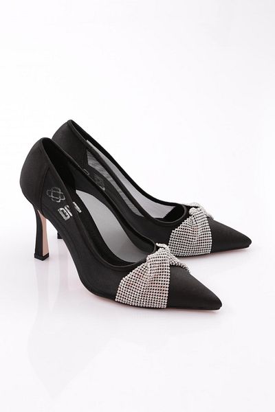 DGN Pantofi cu toc din plasă laterală pentru femei, cu vârf ascuțit, decoltat, cu oglindă, satin negru 8812535