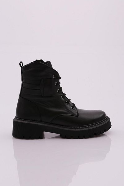 DGN Black Genuine Leather Women's Boots - Lace-Up