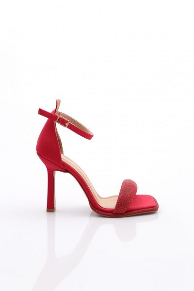 DGN Women's Silver Stone Banded Ankle Strap Closed Back Heeled Sandals Red Satin 313933210
