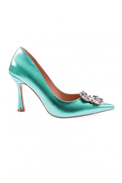 DGN Women's Pointed Toe Crystal Stone Heeled Shoes Green Metallic 101633236
