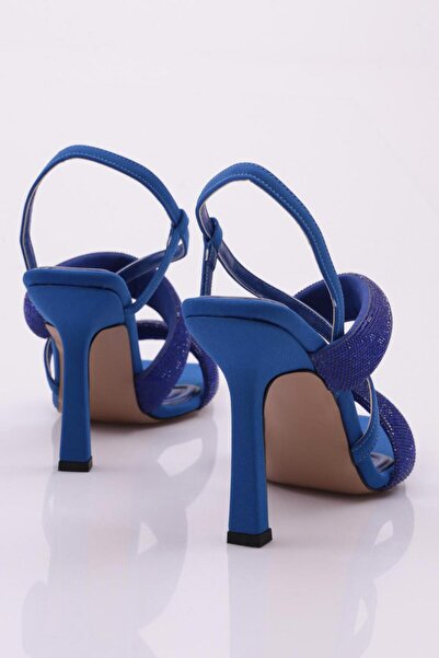 DGN Women's Thick Rowed and Cross-Strapped Silver Stone Heeled Shoes Sax Satin 314333210