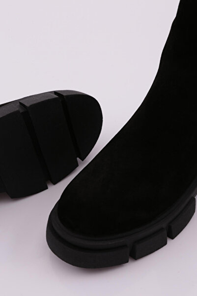 DGN Dámské kozačky s elastickými stranami a tlustou podrážkou Černá semišová pravá kůže 33653883