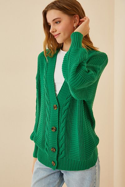 Lovelyİstanbul Cardigan tricotat lejer cu mâneci cu balon - verde smarald LZA0011