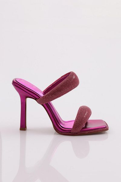 DGN Papuci de damă cu toc fucsia metalic - cu bandă groasă de piatră argintie 313833210