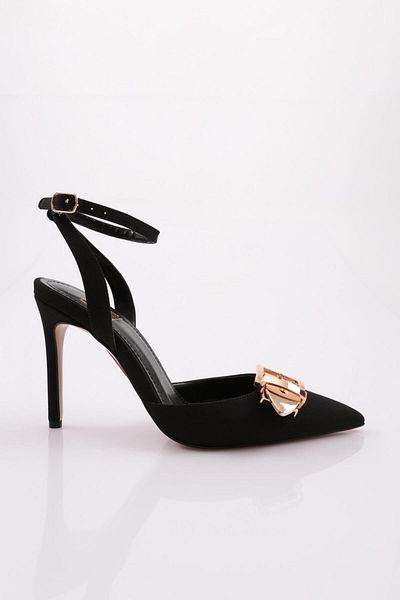 DGN Pantofi cu toc cu curele la gleznă cu cataramă de damă din satin negru mat 62742859