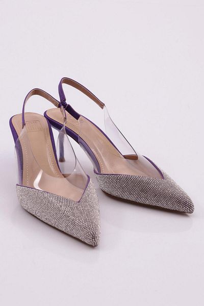 DGN Pantofi cu toc cu spatele deschis brodat cu piatra de dama din satin violet 288421085