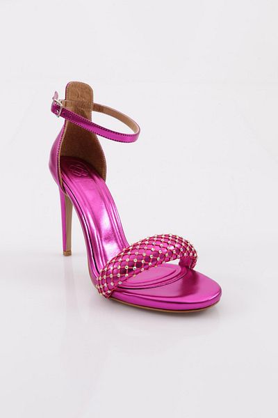 DGN Pantofi cu toc cu broderie de piatră cu plasă de damă, fucsia metalic 315133210