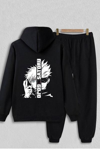 LUNAVISTA سويت شيرت بقلنسوة أسود منقوش عليه رسوم متحركة Jujutsu Kaisen Gojo Satoru - بدلة رياضية كبيرة الحجم
