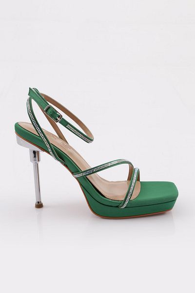 DGN Pantofi de damă cu frânghie de piatră, cu centură la gleznă, cu toc subțire, satin verde 23893481