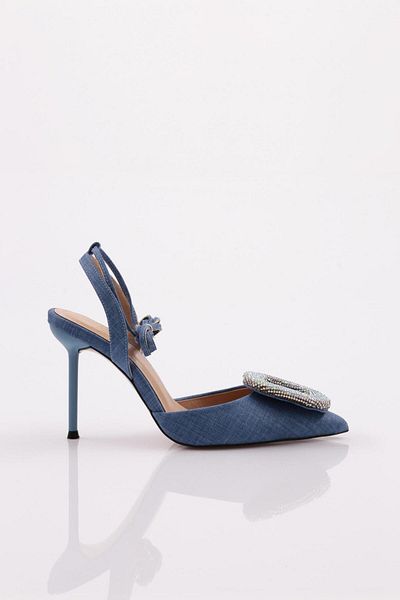 DGN Pantofi cu toc cu detaliu de piatră rotundă de damă, albastru denim 61772859