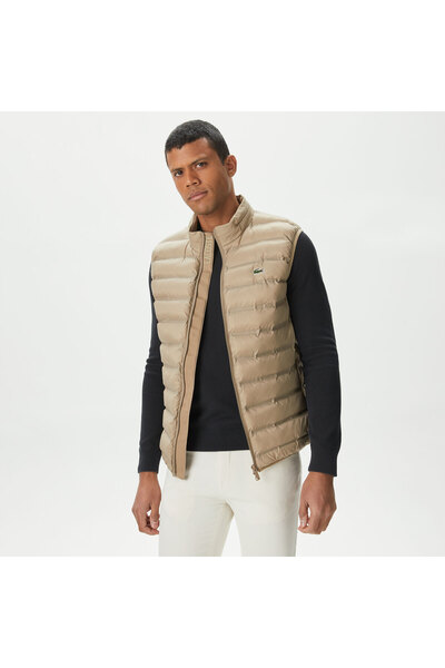 Lacoste Men's Stand Collar Quilted Beige Vest