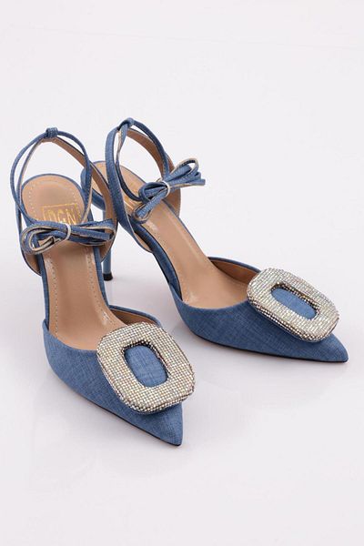 DGN Pantofi cu toc cu detaliu de piatră rotundă de damă, albastru denim 61772859