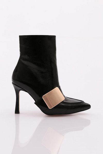 DGN Black Patent Leather Wrinkled Women's Heeled Boots - 4866535