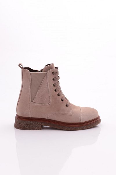 DGN Women's Side Elastic Lace up Boots Beige Suede Genuine Leather 1681183217