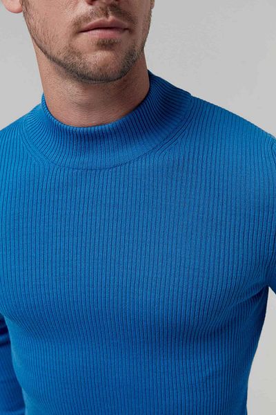 Twn Slim Fit Saks Blue Rib Tricotat Jumătate Lână Pescar Tricotat Pulover