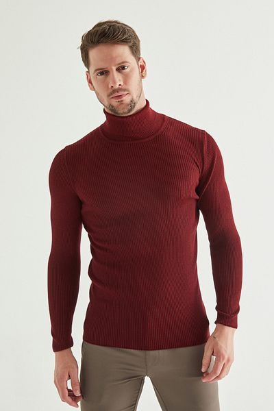 Twn Пуловер с поло яка Slim Fit, червен и оребрено