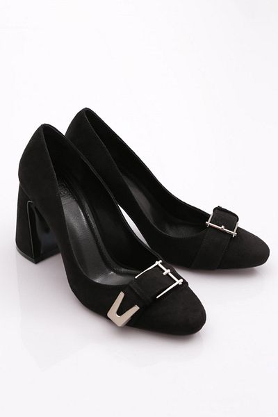 DGN Pantofi cu toc pentru femei din piele intoarsa neagra