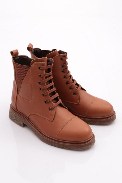 DGN Women's Side Elastic Lace up Boots Tan Genuine Leather 1681183217