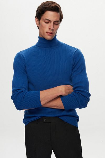 Twn Slim Fit Saks Blue Rib Tricotat Jumătate Lână Pescar Tricotat Pulover