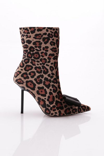 DGN Cizme cu toc pentru femei din catifea cu model leopard negru - 911103557