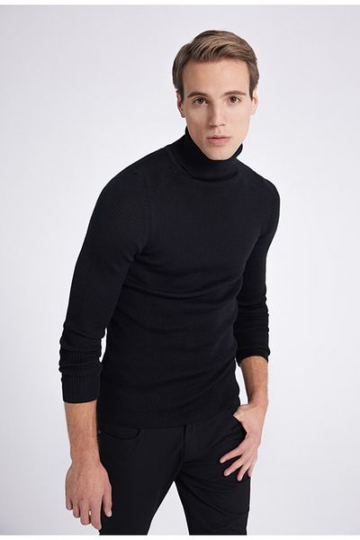 Twn Slim Fit Μαύρο Rib Knit Half Fisherman πουλόβερ
