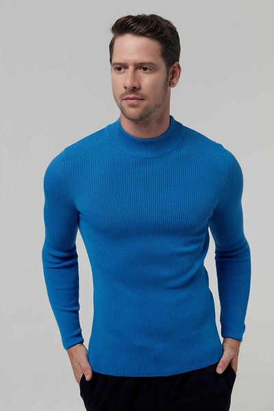 Twn Slim Fit Saks Blue Rib Tricotat Jumătate Lână Pescar Tricotat Pulover