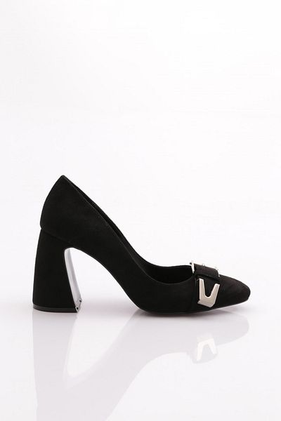 DGN Pantofi cu toc pentru femei din piele intoarsa neagra